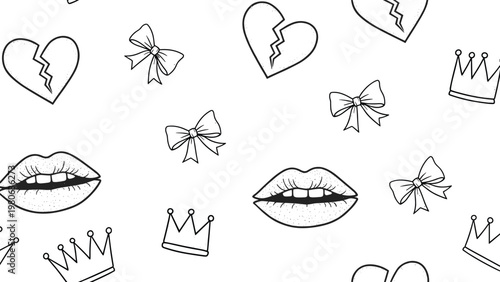 Playful seamless pattern consists of hand-drawn icons like broken hearts lips crowns and bows on a white background.