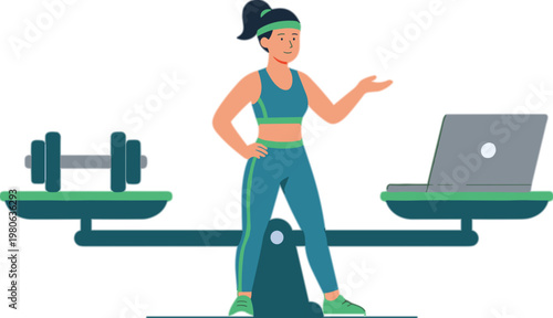 Woman balances workout dumbbell and laptop on seesaw scales