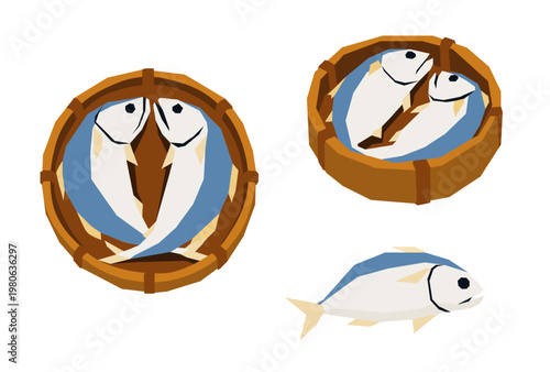 Mackerel fish in a bamboo basket on a white background.Vector illustration cartoon
