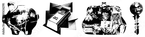 Black and white halftone vector illustrations of piggy bank, gold bar, clutch purse, and key financial symbols, savings, luxury, access, retro graphic design.