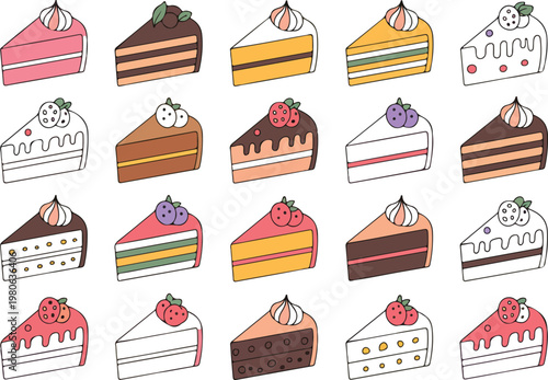 Delectable Cake Slices Collection: A vibrant assortment of cake slices, each adorned with unique toppings and flavors, create a tempting visual feast.