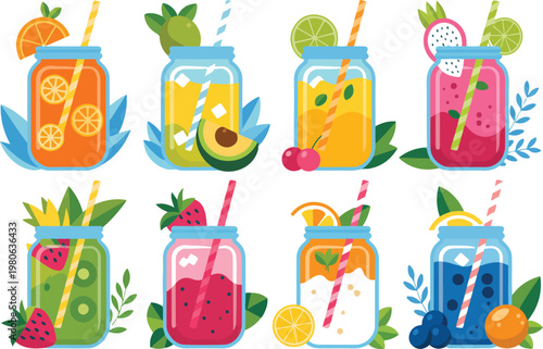 Refreshing Variety: An assortment of vibrantly colored juices and smoothies in mason jars, adorned with fresh fruits.