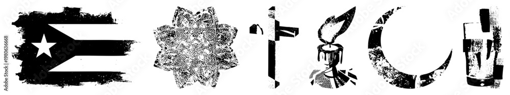Obraz premium Flag of Cuba, ornate star motif, stylized candle, moon, and abstract glass all rendered in distressed black and white vector art with grunge texture.