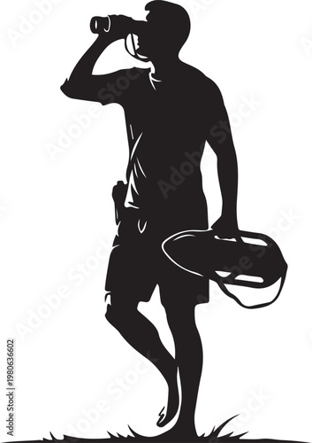 Man drinking from water bottle holding frisbee silhouette