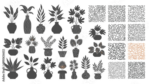 Collection of black silhouette indoor plants in pots and various abstract line-drawn patterns is presented for graphic design projects.