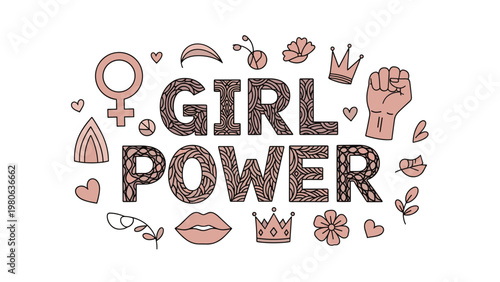 Girl power lettering is decorated with pink feminine icons like hearts, lips, crowns, and a raised fist to promote gender equality and strength.