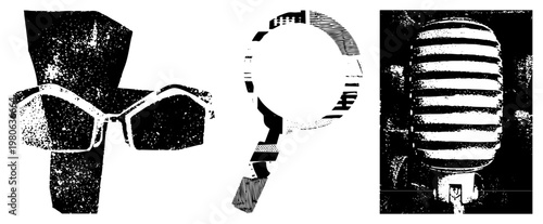 Retro microphone with ribbed grille and spectacles with thick frames, stylized halftone texture, vector art, isolated graphic elements for design use.