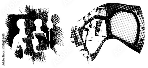Stylized human figures in black and white halftone, graphic art, isolated silhouettes, vector illustration, pop art style, minimalist human forms.