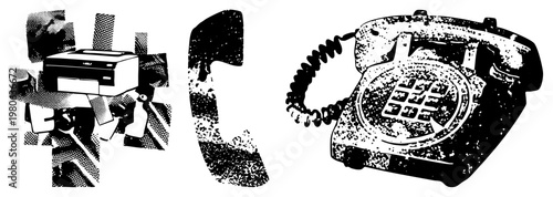 Retro rotary telephone with coiled cord and keypad, modern printer with paper tray, halftone vector art, tech nostalgia, office equipment, black and white graphic.