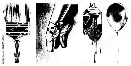 Brushstroke, ballet foot, spray can, balloon high contrast halftone symbols of creation, motion, urban art, and whimsy.