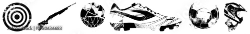 Distressed black and white vector shooting target, shotgun, basketball, soccer cleat, soccer ball, motorcycle helmet gritty, textured, isolated foreground elements.