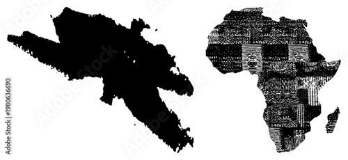 Vector map of Africa and Middle East in black, one solid, one halftone textured, geographic shapes, isolated vector graphic, stylized continent forms.