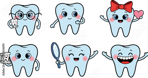 Cute tooth character collection, set of 6 cartoon dental mascots with faces, friendly teeth icons for pediatric dentistry and oral hygiene education