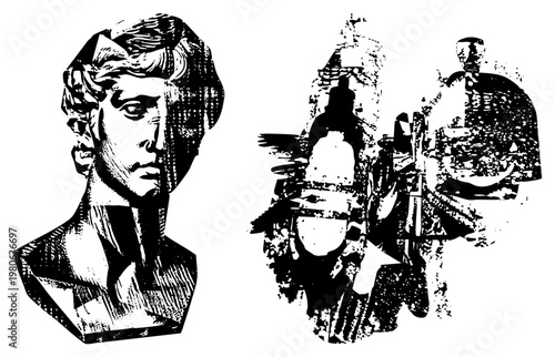 Antique Roman bust and mythological rendered in high contrast halftone vector, classical sculpture, ancient art, historical figures, engraved, graphic.