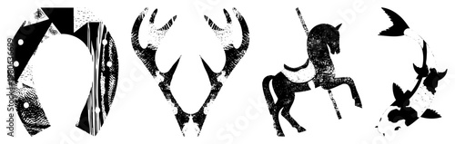 Stylized black and white vector featuring a horseshoe, deer antlers, carousel horse, and koi fish, rendered in halftone texture. Ideal for rustic, nature, or amusement park themes.