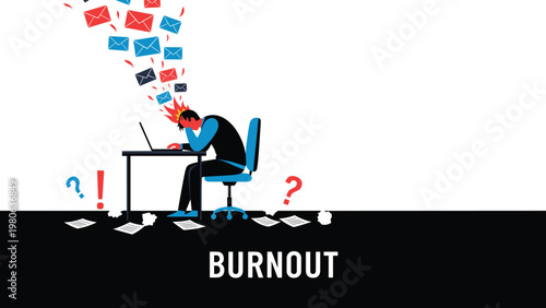 Stressed office worker sitting at a desk with many incoming emails and a fire on his head illustrates the concept of professional burnout.