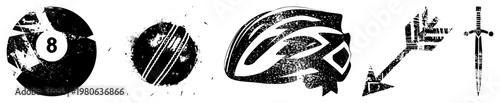 Distressed vector of sports gear 8 ball, cricket ball, football helmet, arrow, sword. Bold silhouettes with gritty texture. Sport themed graphic elements.