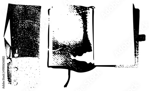 Open book with halftone dot, aged paper texture, classic literature, reading material, literary artifact, printed page.