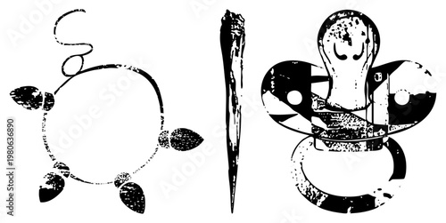 Abstract tribal tattoo motifs, ancient spear weapon, geometric tribal, stylized warrior symbols, vector art, cultural insignia, sacred geometry.