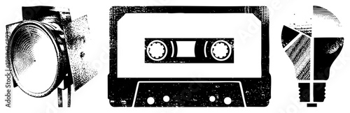 Distressed black and white vector of retro spotlight, cassette, and lightbulb symbolizing creativity, music, and illumination. Synonyms analog tech, nostalgia motifs.