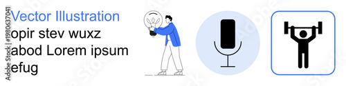 Innovation, podcasting, fitness motivation, technology, personal growth, idea creation. Person with lightbulb, microphone lifting icon. Innovation and podcasting