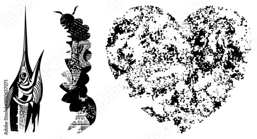 Graphic featuring stylized fish with geometric, segmented caterpillar with halftone texture, and distressed heart shape. vector art for digital design, UI elements, or print.