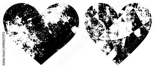 Two shattered heart shapes with distressed textures, romantic, emotional symbols, abstract love motifs, black and white vector art.