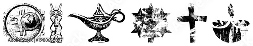 Collection of symbolic including coin, tribal mask, genie lamp, star,, candle, vector art,, textured, distressed, isolated objects.
