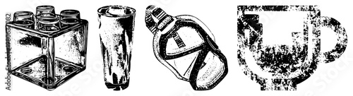 Set of retro drinking vessels including a cube glass holder, tall tumbler, curved bottle, and distressed mug, rendered in vector art.