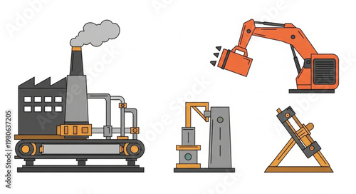 Industrial machinery and factory illustration set.