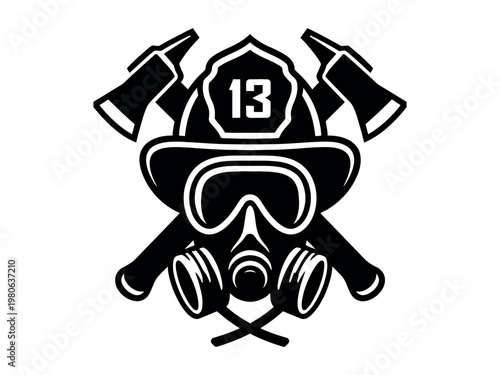 Firefighter helmet mask axes representing emergency services with first responder firefighter emergency protection equipment professioanl department community specialty illustration