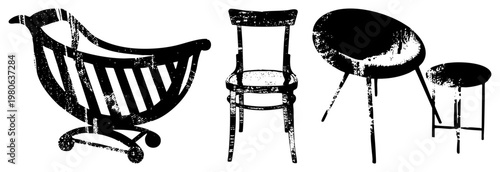 Black and white distressed vector illustrations of classic wooden cradle, chair, round table, and stool, stylized with grunge texture for retro interior design.