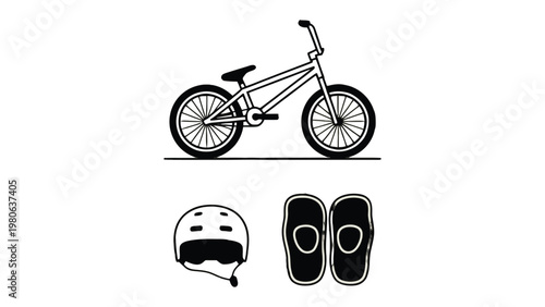 BMX Bike Gear Set: A detailed illustration of a BMX bike, helmet, and knee pad, capturing the essence of action, adventure, and personal protection.