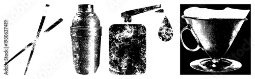 Classic bar tools including cocktail shaker, strainer, and pouring droplet, rendered in halftone vector style, ideal for retro drink branding or vintage mixology design.