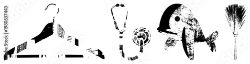 Vector featuring clothing hanger, medical stethoscope, stylized fish, and feather broom flat design with textured halftone. Isolated symbols for UI, print, or web.