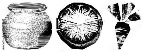 Black and white halftone depiction of jar, citrus section, and carrot slices, stylized vector art, graphic design elements, food illustration.
