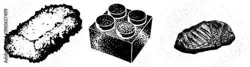 Vectorized speckled forms with irregular edges, isolated shapes, halftone texture, graphic design elements, art pieces.