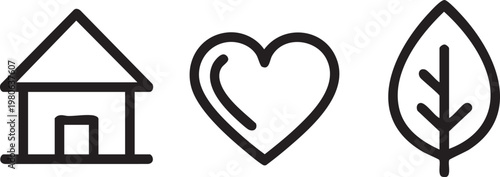 Eco friendly home icons, heart and leaf symbols, sustainable living vector graphics