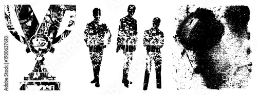 Distorted human silhouettes composed of fragmented, trophy with collage elements, stylized vector art, graphic design, isolated figures with textured.
