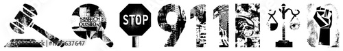 Graphic including gavel, search magnifier, stop sign, 911 emergency, scales of justice, and raised fist, all rendered with halftone texture and bold.