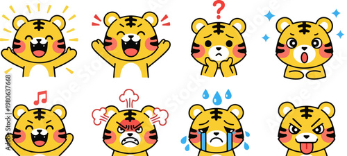 Kawaii tiger emoji set with 8 vector icons, cute cartoon tiger character expressing various emotions, yellow animal mascot stickers for chat