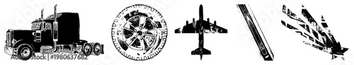 Black and white vector of heavy duty truck, rugged tire, airplane, railway track, and blades, isolated graphic elements, industrial and aviation motifs.
