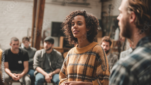 Youth leaders speaking in a small community gathering, confidence and leadership concept, indoor setting. Ai generated