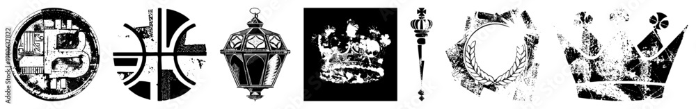 Obraz premium Weathered crown, ornate lantern, distressed emblem, symbolic, vector, graphic set, antique motifs.