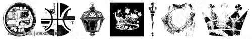 Weathered crown, ornate lantern, distressed emblem, symbolic, vector, graphic set, antique motifs.