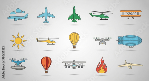 Collection of various aircraft and flying objects.