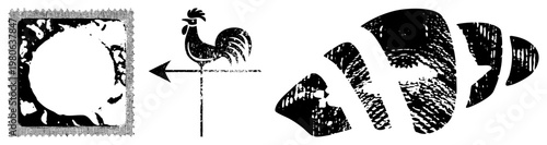 Rooster weather vane pointing left, stylized fish shapes with halftone texture, vector graphic, isolated foreground, rustic design, black and white illustration.