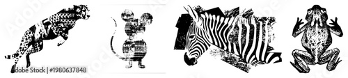 Four animals rendered in abstract pixelated leopard, mouse, zebra, frog using fragmented shapes and halftone textures for artistic effect.