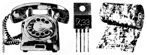 Retro rotary telephone, electronic transistor labeled "7,33", crumpled film reel classic tech in halftone vector art, isolated graphics for design projects.