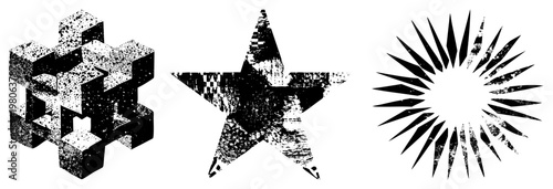Three stylized graphic forms 3D cube cluster, starburst, and radial, rendered in gritty halftone with high contrast black and white, ideal for vintage or industrial design.